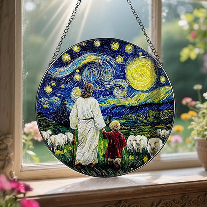 8 Inches Jesus with Child Stained Glass Suncatcher, Window Hanging Home Decor, Starry Night Ornament, Christian Gift, Religious Gifts for Her or Him, Gifts for Christmas