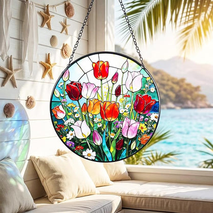 Stained Glass Window Hanging, Colorful Tulips Suncatcher 7.8 in Sun Catcher Glass Panel Boho Wall Art Decor with Chain Diamond Glass Panel Hangings Scenery Sun Catchers Decor for Lover Couple Mom
