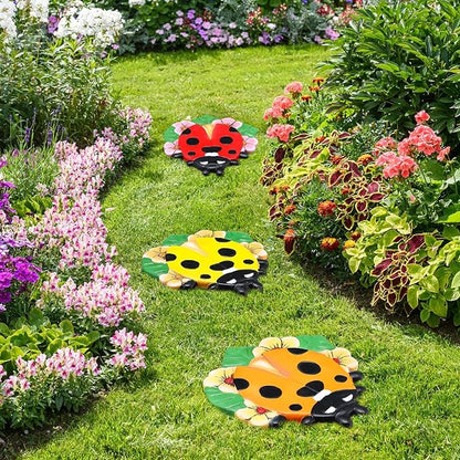 Yalikop 3 Pcs Ladybug Stepping Stones Resin 7-10inch Decorative Stepping Stone Ladybug Outdoor Garden Decorations for Garden Patio Walkway Sculpture Yard Art