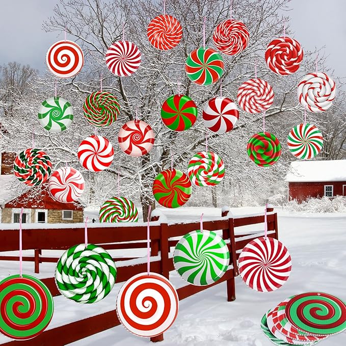 Rtteri 30 Pieces Christmas Candy Yard Hanging 6 Inch Double Sided Lawn Decorations Outdoor Christmas Hanging Ornaments Plastic Outdoor Holiday Decorations for Xmas Tree Home Lawn Porch Yard Decor