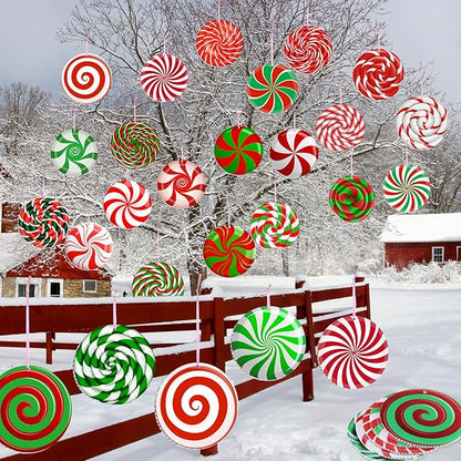 Rtteri 30 Pieces Christmas Candy Yard Hanging 6 Inch Double Sided Lawn Decorations Outdoor Christmas Hanging Ornaments Plastic Outdoor Holiday Decorations for Xmas Tree Home Lawn Porch Yard Decor
