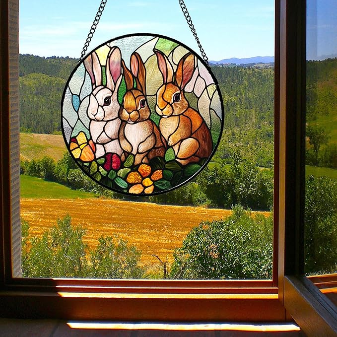 Stained Glass Window Hanging - 3 Cute Rabbits Suncatcher for Doors Garden Patio Bunny Sun Catchers Decor Christmas Mother's Day Birthday Teenager Gifts for Women Men Mom Nana Friend 6.3 in
