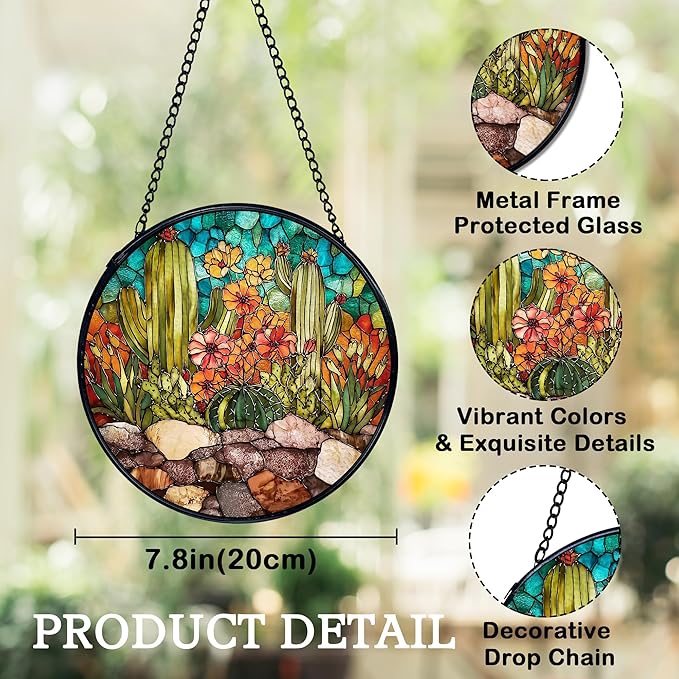 Western Cactus Suncatchers Stained Glass Window Hanging, Southwestern Cactus Landscape Sun Catchers Indoor Window Glass Round Wall Decor, Western Wall Hanging Decorations, 7.9x7.9in