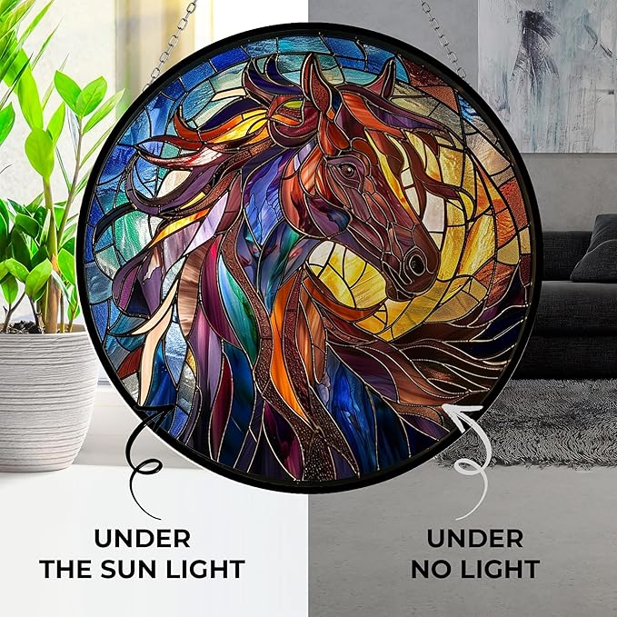 Stained Glass Window Hanging - Horse Suncatcher for Window Doors Home Decoration and Christmas, Mother's Day Father's Day Birthday Gifts for Women, Men, and Mom 11.8x11.8 in
