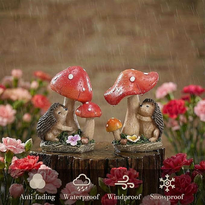TERESA'S COLLECTIONS Garden Decor, Set of 2 Cute Hedgehogs and Mushrooms Garden Decor, Waterproof Resin Garden Statue, Hedgehogs Gift, Garden Gift for Women Mom, Indoor/Outdoor