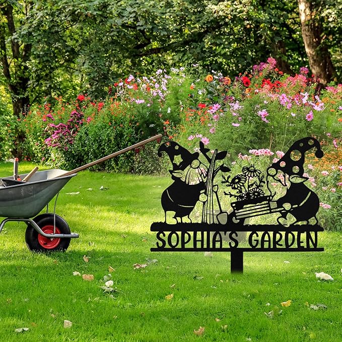 Personalized Metal Gnome Garden Signs with Stake, Custom Garden Signs for Outside Waterproof, Customized Name Sign Yard Lawn Gardens Decor Gardening Gifts for Moms Grandmas Gardeners