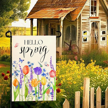 Hello Spring Garden Flags Tulip Lavender Yard Flag Butterflies Floral Seasonal Garden Flags Welcome Spring Flowers Rustic Home Banner for Outdoor House Summer Decoration