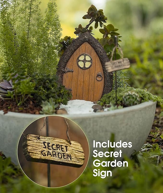 Fairy Door and Windows for Trees – Glow in The Dark Yard Art Sculpture Decoration for Kids Room, Wall and Trees Outdoor | Miniature Fairy Garden Outdoor Decor Accessories with Secret Garden Sign