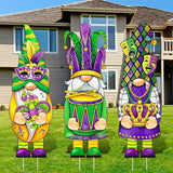 Umigy 3 Pcs Mardi Gras Yard Decor Carnival Day Gnome Outdoor Sign with Stakes Gold Green Purple Gnome Lawn Sign Sweet Yard Decor for Home Pathway Walkway