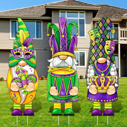 Umigy 3 Pcs Mardi Gras Yard Decor Carnival Day Gnome Outdoor Sign with Stakes Gold Green Purple Gnome Lawn Sign Sweet Yard Decor for Home Pathway Walkway