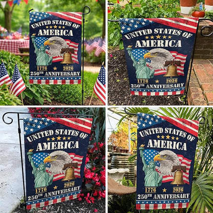 250th Anniversary America USA Garden Flag for Outside, Eagle Liberty Bell Statue of Liberty 1776-2026 Patriotic Double-Sided Waterproof Yard Flag 12x18 Inch for 4th of July Memorial Day Decor