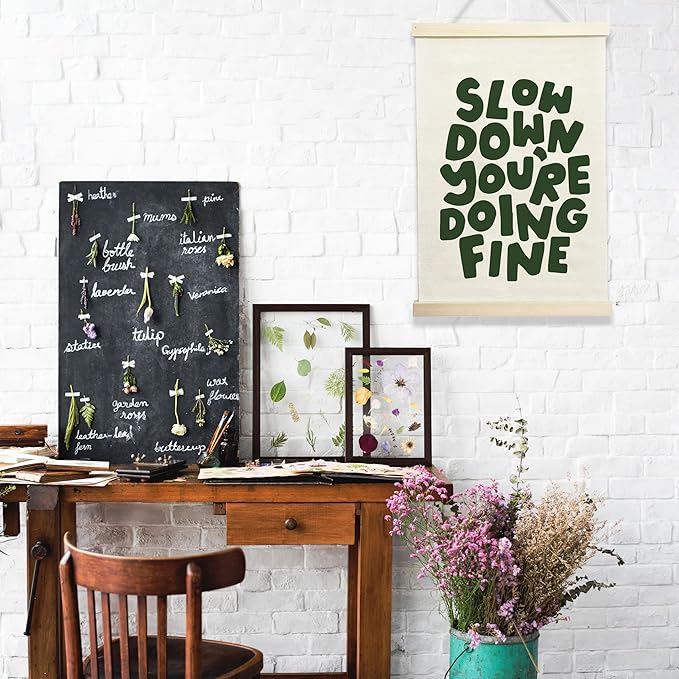 NQDWX Slow Down You're Doing Fine Hanging Flag - Motivational Wall Decor for Office Bedroom Therapy Room, 12x17 Inches Calming Canvas Banner with Wood Frame. (078)