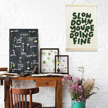 NQDWX Slow Down You're Doing Fine Hanging Flag - Motivational Wall Decor for Office Bedroom Therapy Room, 12x17 Inches Calming Canvas Banner with Wood Frame. (078)