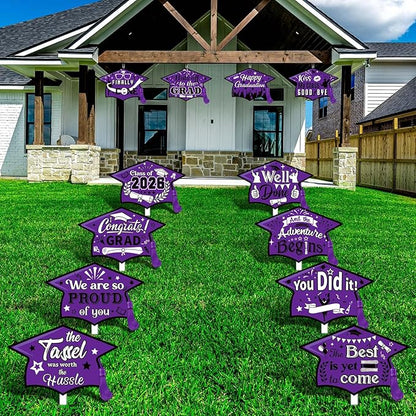Chunful 12 Pack Graduation Yard Signs Grad Decoration 2026 Happy Graduate Lawn Garden Sign with Stake Congrats Outdoor Plastic Cap Hanging Ornament for Class Pathway Walkway Porch Party(Purple)