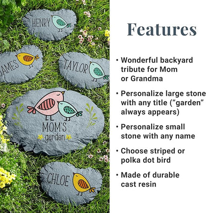 Let's Make Memories Personalized Garden Décor - Custom Garden Stone - Keepsake - for Mom or Grandma - for Her - Laser Engraved - Durable Resin - Small Stone - Striped Bird Design