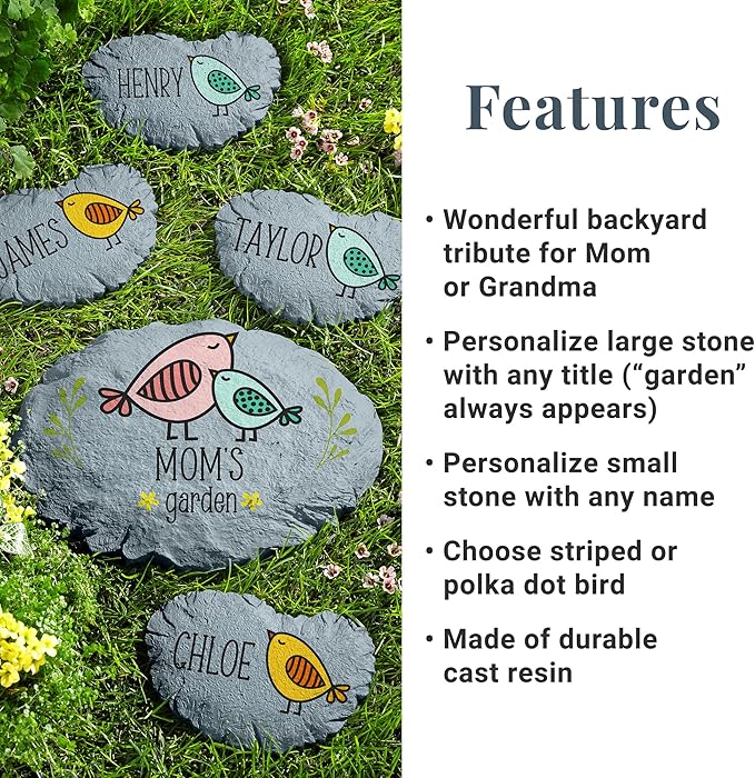 Let's Make Memories Personalized Garden Décor - Custom Garden Stone - Keepsake - for Mom or Grandma - for Her - Laser Engraved - Durable Resin - Small Stone - Polka Dot Bird Design