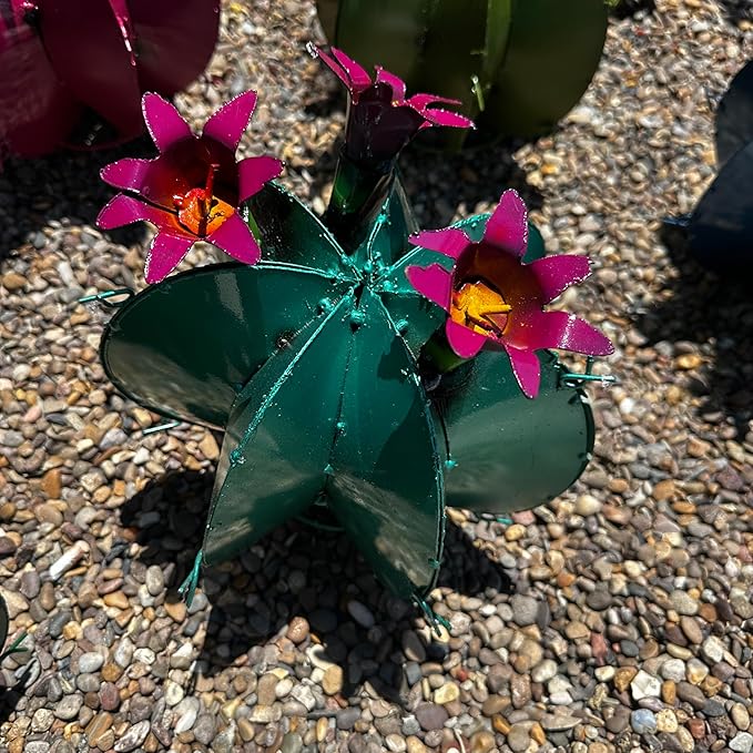 Handmade Metal Bisnaga Cactus with Flowers - Garden Art Decor (Emerald)