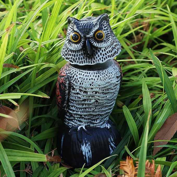 Hausse 3 Pack Bird Scarecrow Mini Fake Owl Decoy Sculpture, 8.26 inch Wagging Head Plastic Small Owl Bird Deterrents, Nature Enemy Horned Pest Repellent for Outdoor Garden Yard