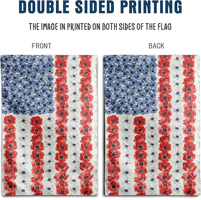Patriotic Flower American Garden Flag Spring Summer Yard Decor 4th of July Memorial Independence Day Decorations Red White Blue Poppy Banner for Outside 28x40 Double Sided