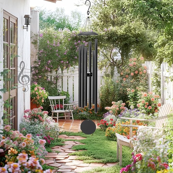 Large Aluminium Wind Chimes 38" with Classic Sound, Coolest Metal Windchimes Outdoors with Pine Wood Striker, Unique Gift for Mom, Garden Decoration(38" Black)