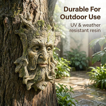 Tree Face Statue Outside Yard Outdoor Decoration, Fairy Tree Face Decor and Yard Decorations Accessory, Whimsical Wallmount Old Man Art with Moss, Fence Hanging Sculpture Orantments, 6.7" x 9.8" Gift