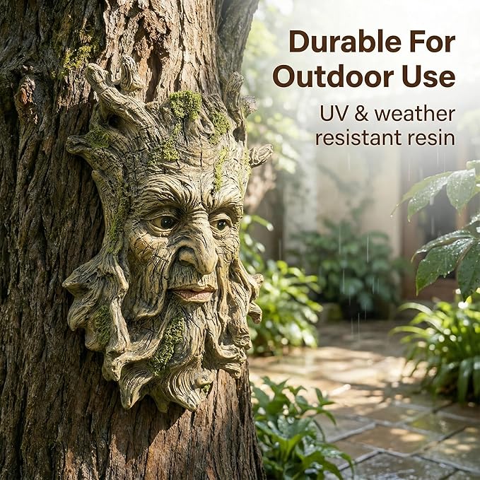 Whimsical Tree Face Garden Statues Outdoor Decor – Funny Old Man Tree Hugger Wall Sculpture with Moss, Fairy Art Fence Hanging Resin Ornament, Outdoor Wall Mounted Sculpture for Patio Lawn & Home