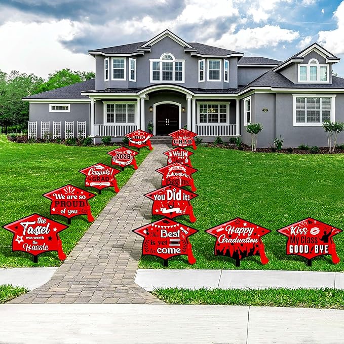 Chunful 12 Pack Graduation Yard Signs Grad Decoration 2026 Happy Graduate Lawn Garden Sign with Stake Congrats Outdoor Plastic Cap Hanging Ornament for Class Pathway Walkway Porch Party(Red)
