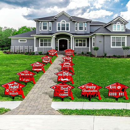 Chunful 12 Pack Graduation Yard Signs Grad Decoration 2026 Happy Graduate Lawn Garden Sign with Stake Congrats Outdoor Plastic Cap Hanging Ornament for Class Pathway Walkway Porch Party(Red)