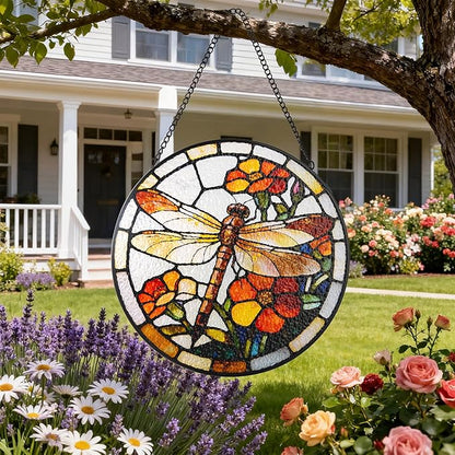 Stained Glass Window Hanging, Dragonfly Circular Painted Glass Suncatcher with Chain & Suction Cup for Home Garden Door Decor, Birthday for Women Men Mom 7.8 in