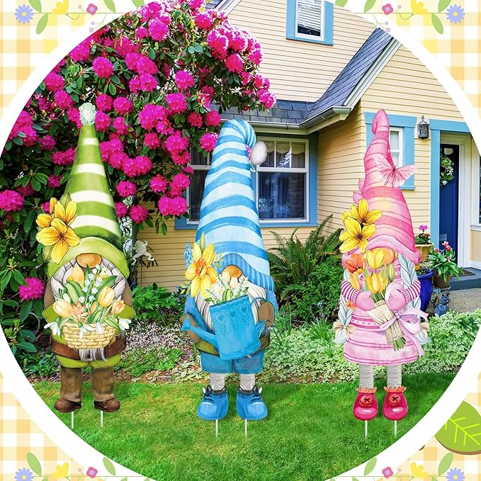 Umigy 3 Pcs Spring Yard Gnome Sign with Stakes 32 x 10 Inch Cute Spring Garden Decor Outdoor Lawn Sign Outside Flower Garden Signs for Home Pathway Walkway