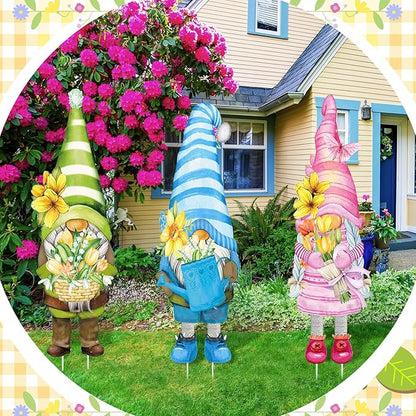 Umigy 3 Pcs Spring Yard Gnome Sign with Stakes 32 x 10 Inch Cute Spring Garden Decor Outdoor Lawn Sign Outside Flower Garden Signs for Home Pathway Walkway