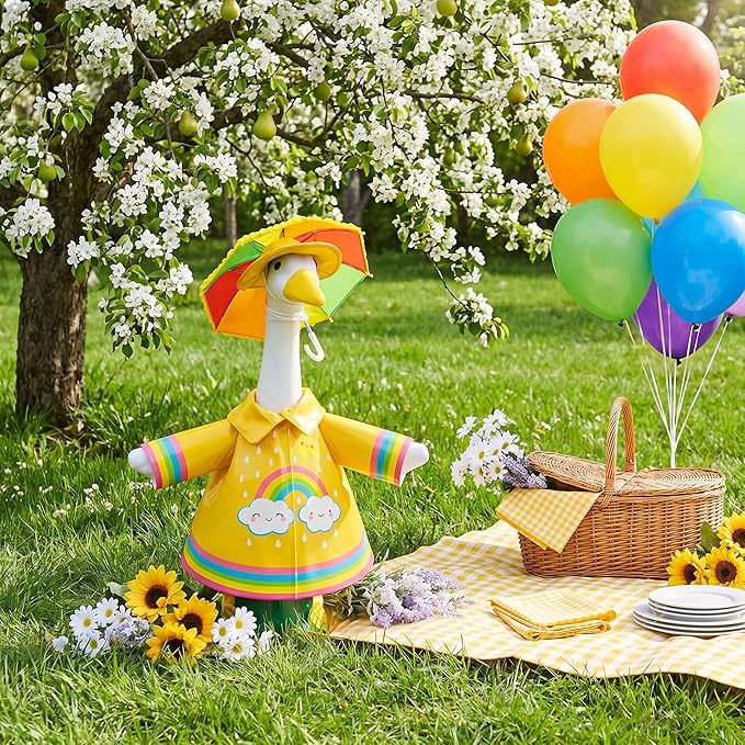 DECOHS 3 Pcs/Set Raincoat Porch Goose Outfits, Summer Lawn Goose Statue Raincoat Costume, Yard Goose Clothes Raincoats Umbrella Hat Outfit for 23" Statue Patio Garden Decoration (Yellow Rainbow)