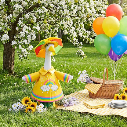 DECOHS 3 Pcs/Set Raincoat Porch Goose Outfits, Summer Lawn Goose Statue Raincoat Costume, Yard Goose Clothes Raincoats Umbrella Hat Outfit for 23" Statue Patio Garden Decoration (Yellow Rainbow)
