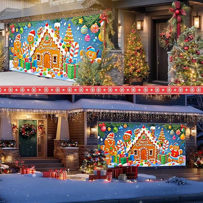 IVN Merry Christmas Garage Door Banner 13x6ft Festive Backdrop Gingerbread House Photo Prop Background for Joyful Holiday Yard Door Cover Background Outdoor Winter Scene