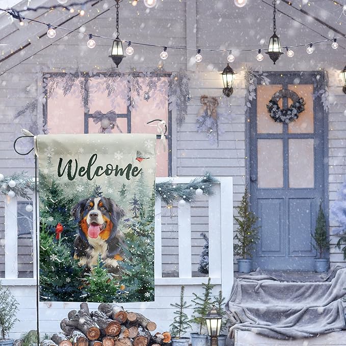 Welcome Winter Garden Flags Bernese Mountain Garden Flag Cardinal Birds on Snowy Pine Tree Flag Dog Yard Flags for Outside 12x18 Double Sided Christmas Decorative