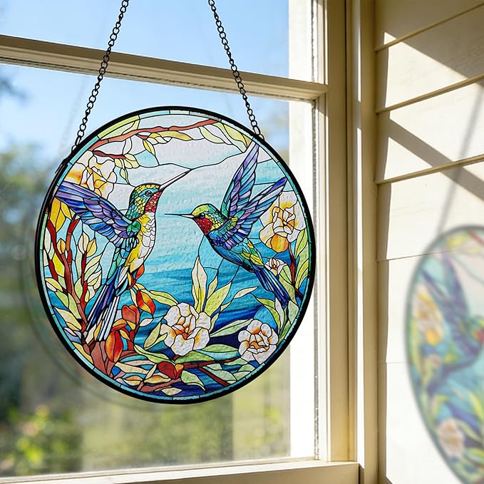 AELS Stained Glass 7.87" Round Suncatcher, Colorful Sun Catcher for Home Garden Window Decor, Window Hanging Ornament Gift for Friends and Family, Blue Feathered Hummingbird