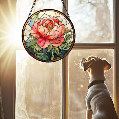 Stained Glass Window Hanging - Pink Peony Floral Suncatcher for Door Garden Yard Birth Flower Sun Catchers Decor Christmas Mother's Day Birthday Gifts for Women Mom Nana Wife Teacher 9.8 in