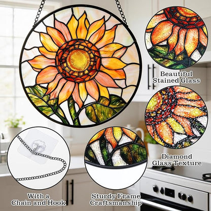 Sun Catcher Window Hanging Stained Glass, 4 pcs Floral Designs of Poppy Sunflower Rose Lily, for Bedroom Garden Kitchen Decor, Gifts for Mom, 6.3 Inch
