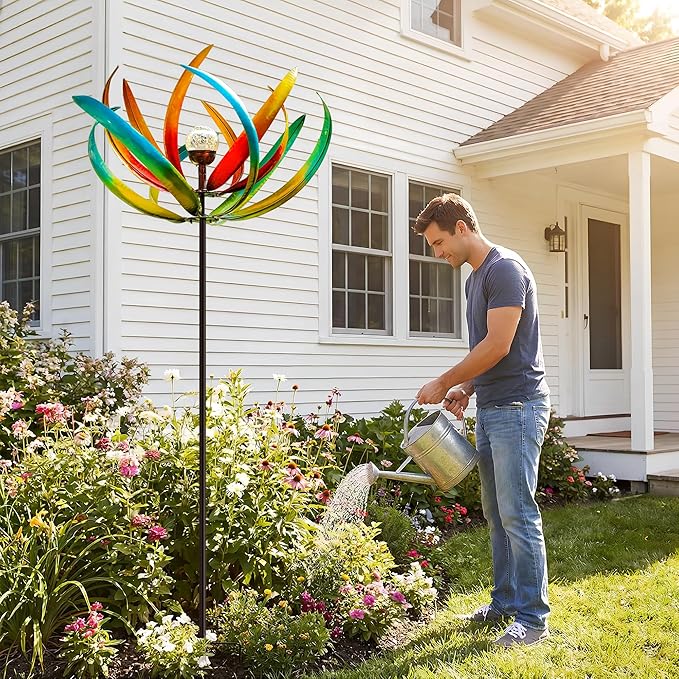 83" Large Solar Wind Spinner Outdoor Metal - Kinetic Tulip Flower Sculpture with Multi-Color Changing LED Crackle Glass Ball - Waterproof Garden Stake Art for Patio, Lawn, and Yard Decoration