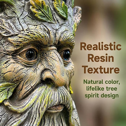 Tree Face Garden Statues Outdoor Decoration, Whimsical Tree Faces Clearance Old Man for Stump Hugger Sculpture, Wallmount Statue Art with Leaf, Yard Fence Hanging Decor, 6.7" x 2.8" x 9.8"