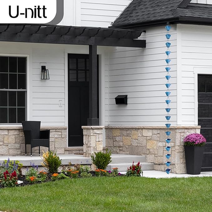 U-nitt Rain Chain Water Collection for Gutters Rainwater Catcher & Diverter, 8.5 FT Chains for Outside Garden Patina Square Cups, Roof Downspout, Works with Heavy Rain, w/ Gutter Clip for Rainchains