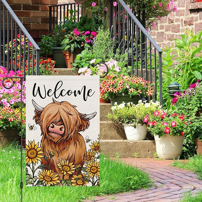 Heyfibro Welcome Spring Summer Highland Cow Garden Flag 12x18 Inch Double Sided Burlap, Farmhouse Sunflower Yard Flags for Seasonal Outside Outdoor Decoration (ONLY FLAG)