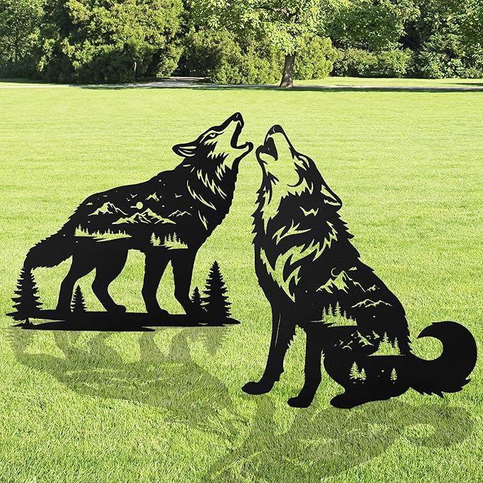 Romart Wolf Silhouette Garden Stakes Decorations - 2 Pcs Metal Howling Animals Statues, Black Rustic Animal Sculpture Set, Yard Art for Outdoor Garden & Patio Lawn