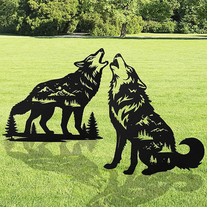 Romart Wolf Silhouette Garden Stakes Decorations - 2 Pcs Metal Howling Animals Statues, Black Rustic Animal Sculpture Set, Yard Art for Outdoor Garden & Patio Lawn