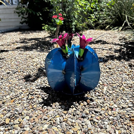 Handmade Metal Bisnaga Cactus with Flowers - Garden Art Decor (Blue)
