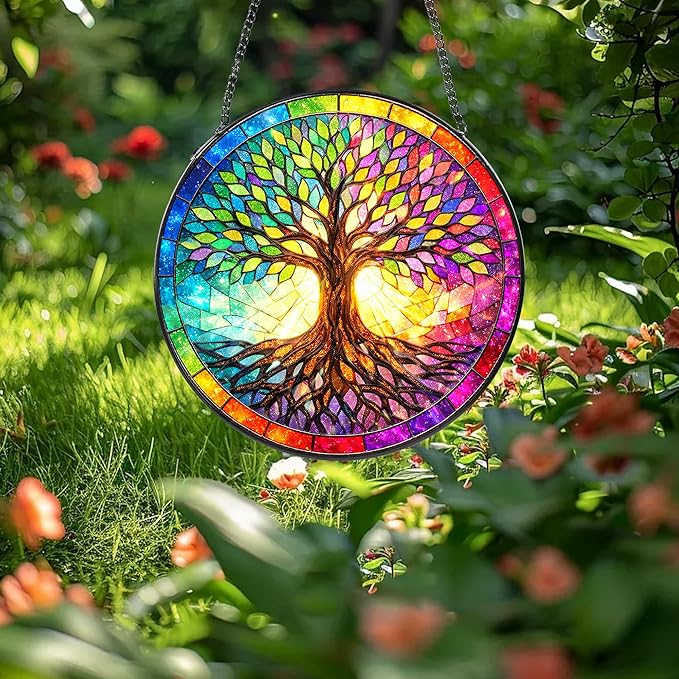 Tree Stained Glass Suncatcher, 8" Round Tree Window Hanging with Metal Chain, Colorful Decorative Glass Art for Home Garden, Gift for Mom and Grandma