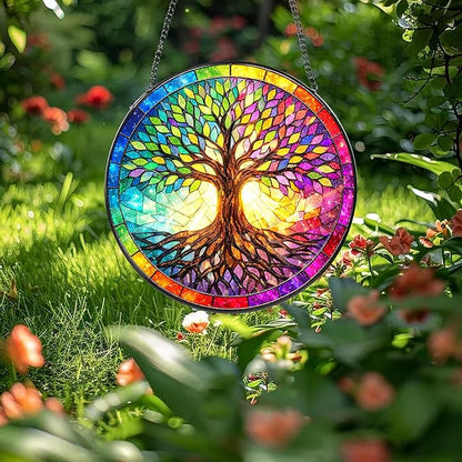 Tree Stained Glass Suncatcher, 8" Round Tree Window Hanging with Metal Chain, Colorful Decorative Glass Art for Home Garden, Gift for Mom and Grandma