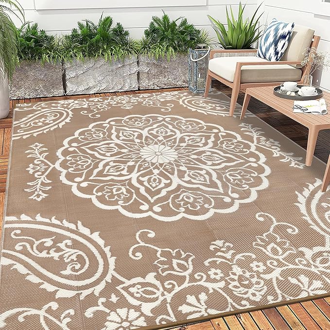 Pauwer Waterproof Outdoor Rug 9x12, Reversible Plastic Straw Patio Camping Rug, Indoor Outdoor RV Mat Carpet for Deck, Camper, Porch, Balcony, Backyard, Picnic, Boho Brown