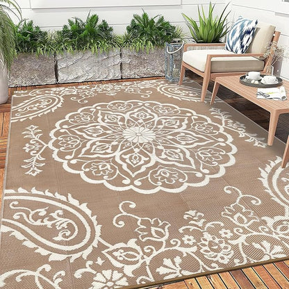 Pauwer Waterproof Outdoor Rug 9x12, Reversible Plastic Straw Patio Camping Rug, Indoor Outdoor RV Mat Carpet for Deck, Camper, Porch, Balcony, Backyard, Picnic, Boho Brown
