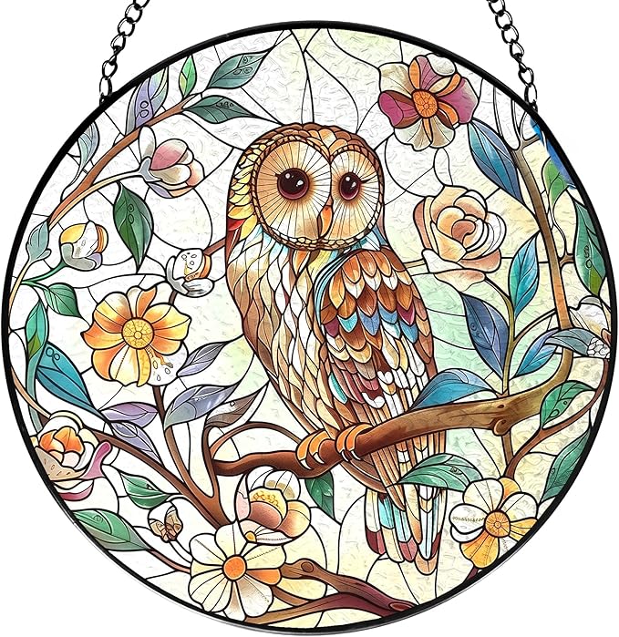 Owl Bird Flower Stained Glass Window Hanging, Owl Gifts for Women, Cottagecore Bird Floral Botanical Suncatchers Sun Catchers Indoor Window Glass Wall Art Decorations, 7.9x7.9in, Patio
